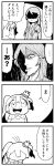  2girls 4koma :o @_@ asymmetrical_hair bangs bkub bowing caligula_(game) comic commentary_request crown elbow_gloves eyebrows_visible_through_hair flower gloves greyscale hair_ornament hairpin highres kashiwaba_kotono long_hair mini_crown monochrome mu_(caligula) multiple_girls school_uniform shaded_face short_hair simple_background smile speech_bubble sweatdrop talking translation_request twintails two-tone_background 