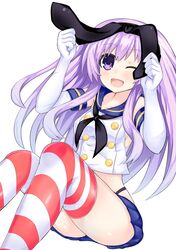  1girl bakenkun black_panties blush breasts choujigen_game_neptune cosplay crop_top crop_top_overhang elbow_gloves gloves hairband highleg highleg_panties highres kantai_collection long_hair medium_breasts microskirt nepgear neptune_(series) one_eye_closed open_mouth panties purple_hair sailor_collar shimakaze_(kantai_collection) shimakaze_(kantai_collection)_(cosplay) sitting skirt sleeveless smile solo striped striped_legwear thigh-highs thong underwear violet_eyes white_gloves 