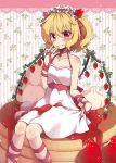  1girl :q alternate_headwear arm_ribbon bare_arms bare_shoulders beni_kurage blonde_hair blush collarbone commentary_request dress eyebrows_visible_through_hair feet_out_of_frame flandre_scarlet food fruit hair_between_eyes hairband halter_dress halterneck hand_to_own_mouth highres looking_at_viewer pancake red_eyes red_ribbon red_sash ribbon short_hair side_ponytail sitting smile solo strawberry striped striped_background syrup tongue tongue_out touhou vertical-striped_background vertical_stripes whipped_cream white_background white_dress wings 