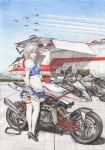  1girl :d aircraft airplane apron bent_elbow bent_knee bimota_tesi-3d black_footwear blue_eyes blue_skirt blue_sky blue_vest braid breasts colored_pencil_(medium) colored_smoke commentary_request condensation_trail day ducati fighter_jet forest frilled_apron frilled_skirt frilled_sleeves frills from_behind full_body green_neckwear green_ribbon ground_vehicle hair_between_eyes hair_ribbon heel_raised high_heels highres holding_skirt izayoi_sakuya jet large_breasts looking_at_viewer maid_headdress mecha_request military military_vehicle motor_vehicle motorcycle mountain nature neck_ribbon nose open_mouth outdoors parted_lips puffy_short_sleeves puffy_sleeves ribbon rpracing runway shirt shoes short_hair short_sleeves side_braids silver_hair skirt sky smile solo standing stiletto_heels thick_eyebrows thigh-highs thigh_strap tongue touhou traditional_media twin_braids twisted_torso vest waist_apron white_legwear white_shirt zettai_ryouiki 