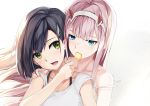  2girls 54cr aqua_eyes bangs black_hair blush candy collarbone darling_in_the_franxx feeding food green_eyes hair_ornament hairband hairclip horns ichigo_(darling_in_the_franxx) lollipop long_hair looking_at_another medium_hair multiple_girls off_shoulder open_mouth pink_hair straight_hair tank_top upper_body white_hairband yuri zero_two_(darling_in_the_franxx) 