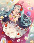  1girl :d aqua_eyes aqua_hair commentary_request copyright dress eyebrows_visible_through_hair flower from_above full_body gin_(oyoyo) hatsune_miku headdress jewelry looking_at_viewer looking_up necklace open_mouth outstretched_hand rose smile solo twintails vocaloid 