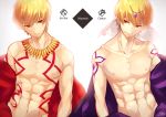  2boys abs arabian_clothes blonde_hair commentary_request earrings fate/grand_order fate_(series) fujikiri_yana gilgamesh gilgamesh_(caster)_(fate) jewelry looking_at_viewer male_focus multiple_boys muscle navel red_eyes shirtless smile upper_body 