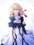  1girl bangs blonde_hair blue_eyes blue_jacket brooch dress envelope eyebrows_visible_through_hair fu_xiao hair_between_eyes hair_intakes hair_ribbon hand_on_own_chest highres jacket jewelry letter long_skirt long_sleeves looking_at_viewer red_ribbon ribbon skirt smile solo violet_evergarden violet_evergarden_(character) 