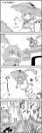  !? &gt;_&lt; /\/\/\ 4koma :x bow bungee_cord bungee_jumping cape comic commentary_request covered_mouth disembodied_head emphasis_lines geta greyscale hair_bow highres juliet_sleeves jumping karakasa_obake kochiya_sanae long_sleeves looking_at_another looking_to_the_side monochrome motion_lines on_roof puffy_sleeves sekibanki shaded_face short_hair shoujo_kitou-chuu sitting skirt smile standing stomach_growling surprised tani_takeshi tatara_kogasa touhou translation_request umbrella vest yukkuri_shiteitte_ne 