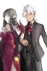  1boy 1girl amakusa_shirou_(fate) ascot bare_shoulders black_hair black_jacket black_pants black_vest breasts cleavage dark_skin dress fate/apocrypha fate/grand_order fate_(series) formal gloves hair_tie highres jacket large_breasts locked_arms long_dress long_hair looking_at_viewer pants pointy_ears red_dress red_gloves semiramis_(fate) short_hair smile strapless strapless_dress suit user_hwvm7837 very_long_hair vest white_hair yellow_eyes 