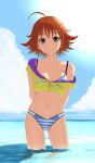  ahoge artist_request bikini blue_eyes blue_sky brown_hair clouds highres idolmaster idolmaster_cinderella_girls looking_at_viewer nishijima_kai ocean outdoors see-through short_hair sky smile solo standing swimsuit wet wet_clothes wet_hair 