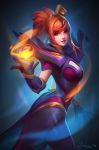  1girl breasts cleavage cleavage_cutout elbow_gloves elementalist_lux gloves highres league_of_legends looking_at_viewer luxanna_crownguard magic magma_elementalist_lux medium_breasts orange_hair ponytail red_eyes tagme 