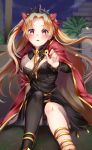 1girl :o arm_at_side bangs between_breasts black_dress black_legwear black_panties blonde_hair blush breasts building cape cleavage dress ereshkigal_(fate/grand_order) eyebrows_visible_through_hair fate/grand_order fate_(series) long_hair long_sleeves looking_at_viewer mashiro_aa night night_sky open_mouth outdoors palm_tree panties pantyshot pantyshot_(sitting) parted_bangs petals reaching_out red_cape red_eyes single_bare_shoulder single_detached_sleeve single_thighhigh sitting skull sky small_breasts solo spine tareme thigh-highs tiara tree two_side_up underwear very_long_hair 
