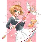  1girl 90s antenna_hair brown_hair card_captor_sakura chihiro_howe green_eyes highres kero kinomoto_sakura marker_(medium) short_hair tomoeda_elementary_school_uniform traditional_media wand 