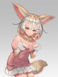  1girl animal_ears blonde_hair bow brown_eyes cowboy_shot fennec_(kemono_friends) fox_ears fox_tail gradient gradient_background kawahara_ryuuta kemono_friends looking_at_viewer multicolored_hair neck_bow pink_sweater puffy_short_sleeves puffy_sleeves short_hair short_sleeves silver_hair simple_background skirt smile solo sweater tail two-tone_hair white_skirt yellow_bow yellow_neckwear 