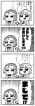  2girls 4koma :d bangs bkub bow bowtie braid caligula_(game) comic commentary_request emphasis_lines eyebrows_visible_through_hair greyscale highres kagura_suzuna monochrome multiple_girls open_mouth ribbon school_uniform shinohara_mifue short_hair shouting simple_background smile speech_bubble sweatdrop swept_bangs talking translation_request two_side_up wavy_mouth white_background 