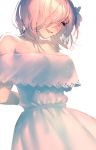  1girl :d arms_behind_back bangs bare_shoulders breasts choker dress fate/grand_order fate_(series) flower hair_between_eyes hair_flower hair_ornament hair_over_one_eye lace lace-trimmed_dress lace_trim mash_kyrielight mebaru medium_breasts off-shoulder_dress off_shoulder open_mouth pink_hair short_hair simple_background smile solo violet_eyes white_background white_choker white_dress 