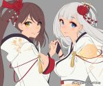  2017 2girls azur_lane bangs black_gloves blue_eyes blunt_bangs breasts brown_hair closed_mouth cloud_print commentary_request dated erect_nipples eyebrows eyebrows_visible_through_hair eyes_visible_through_hair eyeshadow facing_another fingernails floral_print flower gloves grey_background hair_ornament hand_holding high_ponytail highres interlocked_fingers japanese_clothes lips long_hair looking_away looking_to_the_side makeup mappaninatta medium_breasts mole mole_under_eye multiple_girls one_side_up partly_fingerless_gloves shoukaku_(azur_lane) silver_hair simple_background smile swept_bangs tassel twitter_username unfinished upper_body wristband yellow_eyes zuikaku_(azur_lane) 