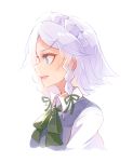  1girl 60mai blue_eyes braid commentary_request from_side green_neckwear green_ribbon hair_ornament hair_ribbon hairclip izayoi_sakuya maid_headdress neck_ribbon open_mouth profile ribbon short_hair silver_hair simple_background smile solo touhou twin_braids upper_body white_background wing_collar 