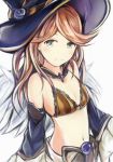  1girl beatrix_(granblue_fantasy) beatrix_(granblue_fantasy)_(cosplay) blue_hat bra breasts brown_bra brown_hair choker cleavage cosplay detached_sleeves floating_hair granblue_fantasy grey_eyes hat long_hair looking_at_viewer midriff nannacy7 navel sara_(granblue_fantasy) simple_background sketch small_breasts smile solo stomach striped striped_bra underwear upper_body white_background witch_hat 