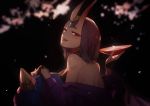  1girl black_background commentary_request cup fang fate/grand_order fate_(series) horns japanese_clothes kimono looking_back no-kan off_shoulder oni_horns purple_hair sakazuki shuten_douji_(fate/grand_order) smile 
