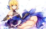  1girl artoria_pendragon_(all) blonde_hair blue_dress blue_footwear blue_ribbon breasts dress elbow_gloves excalibur eyebrows_visible_through_hair fate/stay_night fate_(series) gloves green_eyes grey_gloves hair_between_eyes hair_ribbon high_heels highres holding holding_sword holding_weapon kamiowl looking_at_viewer ribbon saber short_hair sitting sleeveless sleeveless_dress small_breasts solo sword weapon white_background 