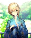  1girl blonde_hair blue_kimono blurry blurry_background blush closed_mouth commentary_request day depth_of_field eyebrows_visible_through_hair flower green_eyes hair_flower hair_ornament hands_up head_tilt idolmaster idolmaster_cinderella_girls idolmaster_cinderella_girls_starlight_stage japanese_clothes kimono light_particles long_sleeves looking_at_viewer miyamoto_frederica obi outdoors railing sash short_hair smile solo soya_(torga) wide_sleeves 