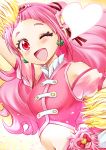  1girl ;d arm_up blush commentary_request cure_yell earrings hugtto!_precure jewelry long_hair looking_at_viewer magical_girl naruse_yasuhiro navel nono_hana one_eye_closed open_mouth pink_hair pom_poms precure red_eyes smile solo 