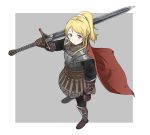  1girl ayase_eli bangs blonde_hair blue_eyes blush boots breastplate brown_gloves cape claymore_(sword) closed_mouth crossover dark_souls_ii eyebrows_visible_through_hair gauntlets gloves grey_background hair_ornament hair_scrunchie holding holding_sword holding_weapon long_hair looking_at_viewer love_live! love_live!_school_idol_project murasaki_saki over_shoulder ponytail red_cape scrunchie simple_background solo souls_(from_software) spaulders sword sword_over_shoulder weapon weapon_over_shoulder 