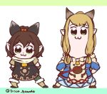  2girls :3 bkub_(style) blonde_hair bow brown_hair chibi closed_mouth contrapposto disco_brando eyebrows_visible_through_hair fur_trim green_eyes hair_bow highres looking_at_viewer meowstress milsee monster_hunter monster_hunter_x multiple_girls original parody ponytail poptepipic robe standing twitter_username white_background 