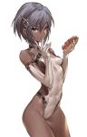  1girl absurdres breasts covered_navel cowboy_shot dark_skin eating elbow_gloves finger_to_mouth food food_on_face gloves gluteal_fold grey_eyes hair_between_eyes hair_ornament highres hot_dog leotard maruchi original short_hair silver_hair simple_background skin_tight small_breasts solo white_background white_gloves 