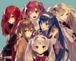  1boy 5girls ;d ahoge alternate_hairstyle anger_vein black_eyes blonde_hair blue_eyes blue_hair blush bow breasts brown_eyes brown_hair carmine cleavage clenched_teeth commentary_request crossed_arms double_v expressionless forehead_jewel fur_trim hair_intakes hair_over_one_eye hair_ribbon hairband heterochromia hilda_(under_night_in-birth) huge_ahoge linne looking_at_viewer medium_breasts multiple_girls odd_one_out one_eye_closed open_mouth orie_(under_night_in-birth) pink_hair red_eyes red_sclera redhead ribbon short_twintails smile suzunashi sweatdrop teeth twintails under_night_in-birth upper_body v vatista white_hair yuzuriha_(under_night_in-birth) 