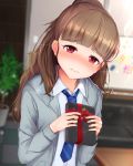  1girl 3: blue_neckwear blush box brown_hair eyebrows_visible_through_hair gift gift_box grey_jacket head_tilt high_ponytail highres holding holding_box idolmaster idolmaster_cinderella_girls jacket kamiya_nao karu_(qqqtyann) long_hair looking_at_viewer necktie open_clothes open_jacket red_eyes red_ribbon ribbon shirt solo sparkle striped_neckwear white_shirt 