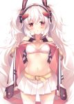  1girl :o albino amamine animal_ears azur_lane bare_shoulders belt belt_buckle bikini_top blush breasts buckle cleavage cowboy_shot detached_sleeves erect_nipples eyebrows_visible_through_hair fake_animal_ears headgear laffey_(azur_lane) long_hair looking_at_viewer miniskirt navel open_clothes parted_lips pleated_skirt rabbit_ears red_eyes sidelocks skirt small_breasts solo standing stomach thigh-highs twintails very_long_hair white_bikini_top white_hair white_legwear white_skirt zettai_ryouiki 
