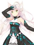  1girl :&lt; absurdres animal_ears arm_up atalanta_(alter)_(fate) atalanta_(fate) bangs bare_shoulders belt_buckle belt_collar black_collar black_dress blush breasts buckle closed_mouth commentary_request detached_sleeves dress eyebrows_visible_through_hair fate/grand_order fate_(series) gloves green_eyes highres long_hair long_sleeves medium_breasts silver_hair simple_background sleeveless sleeveless_dress slit_pupils solo very_long_hair white_background white_gloves yukaa 