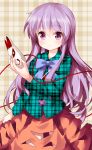 1girl bow expressionless eyebrows_visible_through_hair fox_mask hair_between_eyes hata_no_kokoro highres holding holding_mask long_hair long_sleeves looking_at_viewer mask mask_removed plaid plaid_background plaid_shirt purple_bow purple_hair ruu_(tksymkw) shirt skirt solo touhou unmoving_pattern very_long_hair violet_eyes 