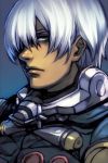  1boy armor blue_background blue_eyes blue_hair closed_mouth commentary_request copyright_request hair_over_one_eye hankuri male_focus one_eye_covered simple_background solo upper_body 