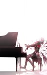  1boy antonio_salieri_(fate/grand_order) breaking cross fate/grand_order fate_(series) formal grey_hair hidden_eyes highres instrument music piano piano_bench playing_instrument profile scarf suit white_background yumao_(yashi-ro) 