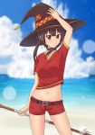  1girl absurdres alternate_costume belt black_hair breasts button_eyes clouds cloudy_sky collarbone commentary hand_on_headwear hat highres holding holding_staff kono_subarashii_sekai_ni_shukufuku_wo! legs_apart megumin ocean rappygrafferi red_eyes red_shirt red_shorts shirt short_shorts shorts signature sky solo staff standing tank_top witch_hat 