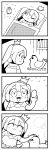  1girl 4koma :3 alarm_clock asymmetrical_hair bangs bird bkub blush caligula_(game) chicken clock closed_eyes comic commentary_request crown egg elbow_gloves futon gloves greyscale headwear_removed highres mini_crown monochrome mu_(caligula) one_eye_closed petting pillow short_hair simple_background smile twintails two-tone_background under_covers window 