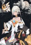  1girl bare_shoulders blurry_foreground code:_empress_(elsword) commentary_request cowboy_shot double_bun dress elsword eve_(elsword) full_moon grey_hair highres long_sleeves looking_at_viewer moon off_shoulder one_eye_closed parted_lips short_hair solo soya_(torga) standing white_dress wide_sleeves yellow_eyes 