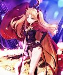  1girl asymmetrical_legwear black_legwear black_leotard blonde_hair breasts cape cleavage diadem dyolf earrings ereshkigal_(fate/grand_order) fate/grand_order fate_(series) floating_hair hair_ribbon hand_on_hip holding holding_weapon jewelry leotard long_hair medium_breasts orange_eyes outdoors red_cape red_ribbon ribbon signature smile solo standing twintails weapon 