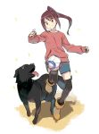  1girl animal auburn_hair ball bangs blue_shorts blush boots breasts brown_eyes brown_footwear denchuubou dog dribbling ginga_e_kickoff!! grin jumping leaves_in_wind long_sleeves ponytail red_eyes scrunchie shorts sidelocks simple_background sleeves_past_wrists small_breasts smile soccer_ball sweatshirt takatoo_erika thigh-highs tongue tongue_out 