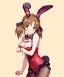  1girl :o animal_ears bare_shoulders blush bow bracelet breasts brown_eyes brown_hair bunny_tail bunnysuit buttons cleavage commentary_request cowboy_shot eyebrows_visible_through_hair fake_animal_ears fake_tail fishnet_pantyhose fishnets frilled_leotard frills hair_ribbon hairband heart idolmaster idolmaster_cinderella_girls jewelry kurage_(kurakurapix) large_breasts leotard long_hair neck_bow pantyhose parted_lips popped_button rabbit_ears ribbon simple_background solo tail totoki_airi twintails wardrobe_malfunction 