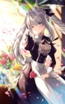  1girl alternate_costume apron blue_eyes blurry depth_of_field enmaided fate/grand_order fate_(series) flower light_rays long_hair long_sleeves looking_to_the_side maid maid_apron maid_headdress marie_antoinette_(fate/grand_order) necomi one_eye_closed parted_lips rose silver_hair smile solo very_long_hair waist_apron 