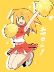  ! 1girl arm_up armpits bangs bare_arms bare_legs blonde_hair blush breasts capcom cheerleader full_body green_eyes jumping legs_together legs_up long_hair miniskirt muu_(mumumer) open_mouth outstretched_arm pom_poms rockman rockman_dash roll_caskett shoes simple_background skirt small_breasts smile sneakers solo star text yellow_background 