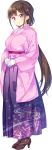  1girl artist_request breasts brown_footwear brown_hair full_body gloves hair_ornament hakama high_heels japanese_clothes kimono large_breasts long_hair low-tied_long_hair official_art oshiro_project oshiro_project_re purple_hakama smile solo tendou_(oshiro_project) transparent_background very_long_hair violet_eyes white_gloves 