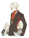  1girl 2boys anastasia_(fate/grand_order) antonio_salieri_(fate/grand_order) child closed_eyes color_connection fate/grand_order fate_(series) formal hair_color_connection highres kadoc_zemlupus multiple_boys pinstripe_suit silver_hair simple_background smile striped suit white_background younger 