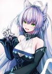 1girl :d ahoge animal_ears atalanta_(alter)_(fate) atalanta_(fate) bangs bare_shoulders belt_buckle belt_collar black_collar black_dress blush braid breasts buckle cat_ears cat_girl cat_tail collarbone commentary_request detached_sleeves dress eyebrows_visible_through_hair fang fate/grand_order fate_(series) gradient_hair green_eyes grey_background hair_between_eyes highres kanogi long_sleeves looking_at_viewer medium_breasts multicolored_hair open_mouth purple_hair silver_hair sleeveless sleeveless_dress smile solo tail v-shaped_eyebrows 