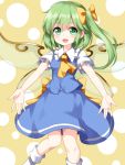  1girl :d ascot blue_skirt bow daiyousei eyebrows_visible_through_hair fairy_wings green_eyes green_hair hair_between_eyes hair_bow highres long_hair looking_at_viewer open_mouth outstretched_arms puffy_short_sleeves puffy_sleeves ruu_(tksymkw) short_sleeves side_ponytail skirt skirt_set smile socks solo touhou white_legwear wings yellow_bow yellow_neckwear 