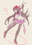  1girl akemi_homura arm_up black_hair blue_eyes boots expressionless eyebrows_visible_through_hair full_body grey_background hair_ribbon high_heels long_hair long_sleeves looking_away magical_girl mahou_shoujo_madoka_magica multicolored multicolored_eyes pekikokko purple_shirt ribbon shirt simple_background skirt solo_focus thigh-highs thigh_boots violet_eyes white_shirt 