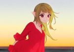  1girl arms_behind_back bangs blonde_hair dress elf evening frilled_dress frills leaning_forward long_hair looking_at_viewer okeno_kamoku original outdoors pointy_ears red_dress see-through see-through_silhouette smile solo violet_eyes wind 