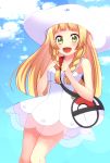  1girl :d bag blonde_hair blue_sky blush braid clouds day dress green_eyes hat highres lillie_(pokemon) long_hair looking_at_viewer open_mouth outdoors pokemon pokemon_(game) pokemon_sm see-through short_dress sky sleeveless sleeveless_dress smile solo standing sun_hat sundress twin_braids very_long_hair white_dress white_hat yuihiko 