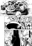  anastasia_(fate/grand_order) bowl comic doll fate/grand_order fate_(series) food fork hair_over_one_eye heart highres hyakusei monochrome mundane_utility noodles ramen sauce spirit spoken_heart thumbs_up 